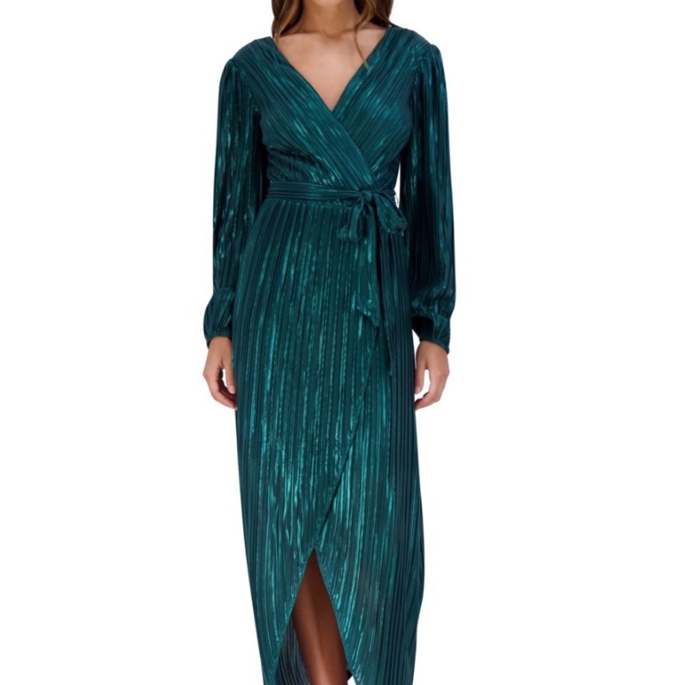 Siena Pleated Maxi Dress Women 4 NWT Emerald Green Metallic Wrap Long Sleeve